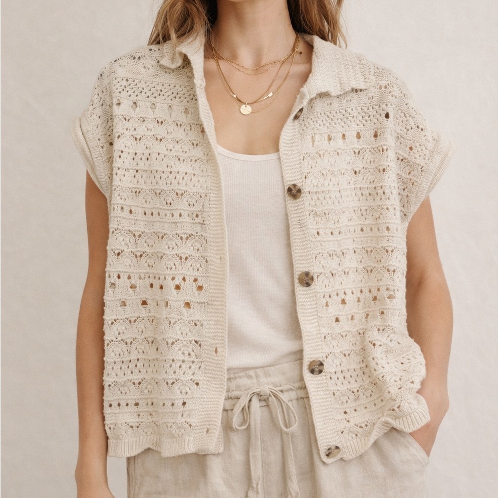 Jessica Simpson Cream Crochet Button-Up Sleeveless Cardigan
